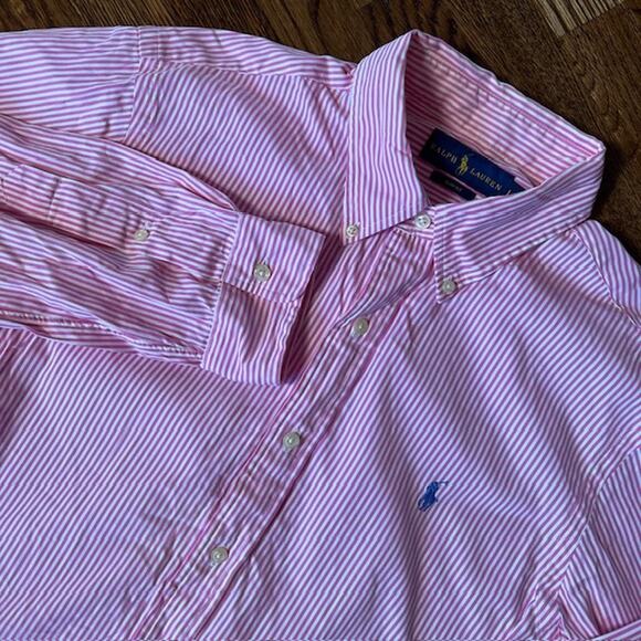 Polo Ralph Lauren Long Sleeve Button Down Shirt Mens L Pink White Striped Cotton - Picture 2 of 8